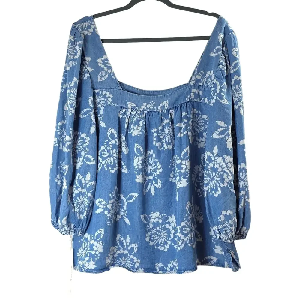 NWT Womens Sz XXL Blue Puff Sleeve Square Neck Peasant Y2K Babydoll Tunic Top